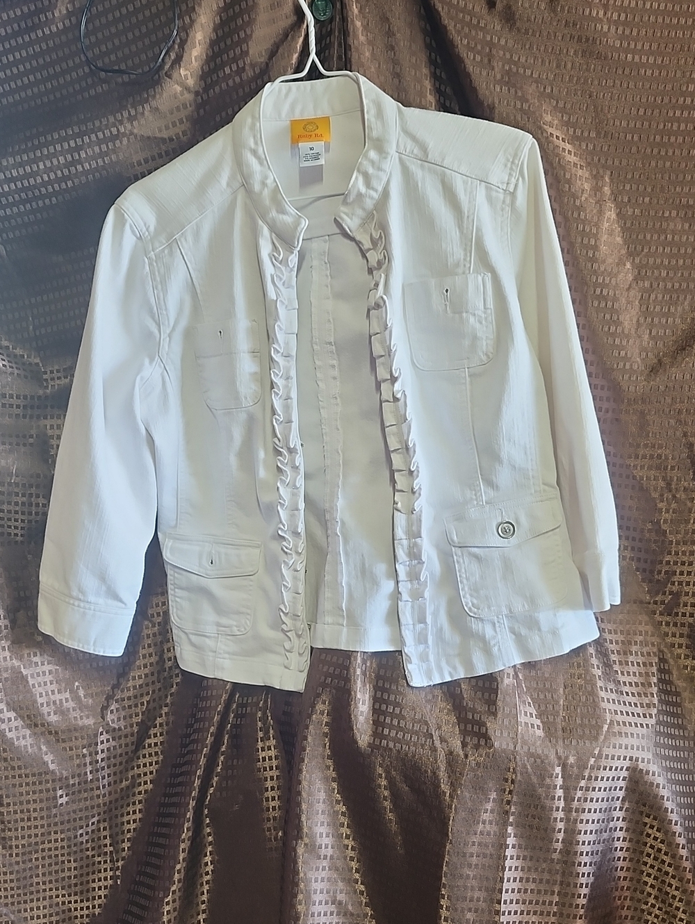 Ruby Rd. White Ruffle-Trim Denim Jacket